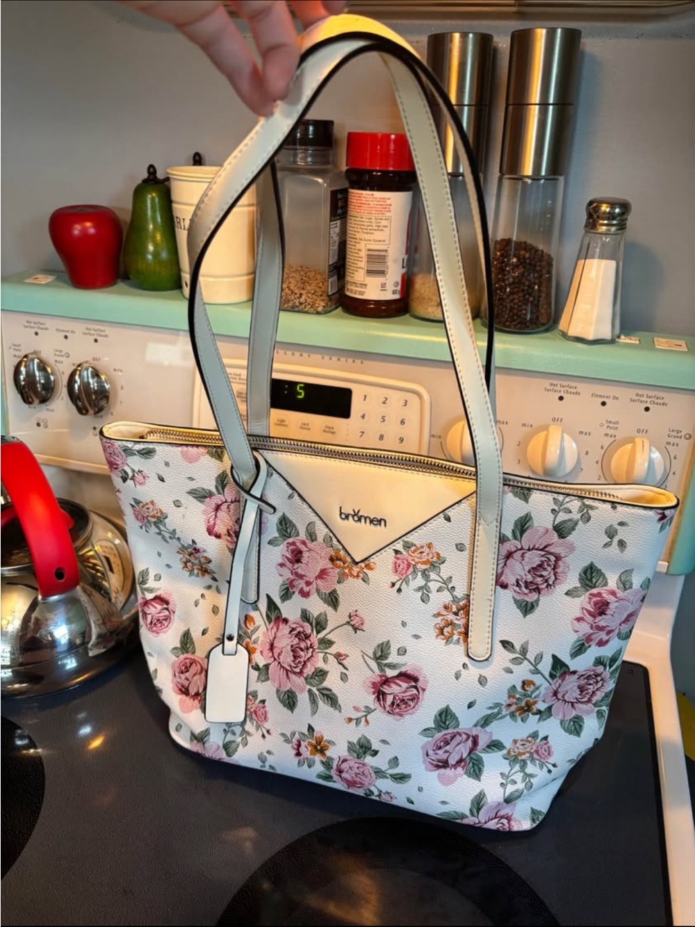 Floral White Leather-Effect Shoulder Tote with Pink Rose Print